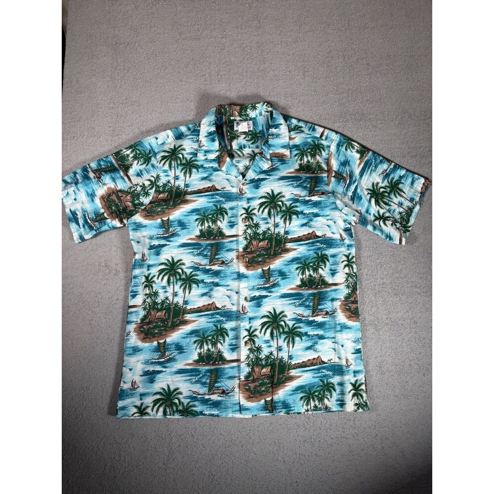 Vintage Hawaii Brand Hawaiian Shirt Men’s XL Sailing‎ Island AOP Blue Tropical